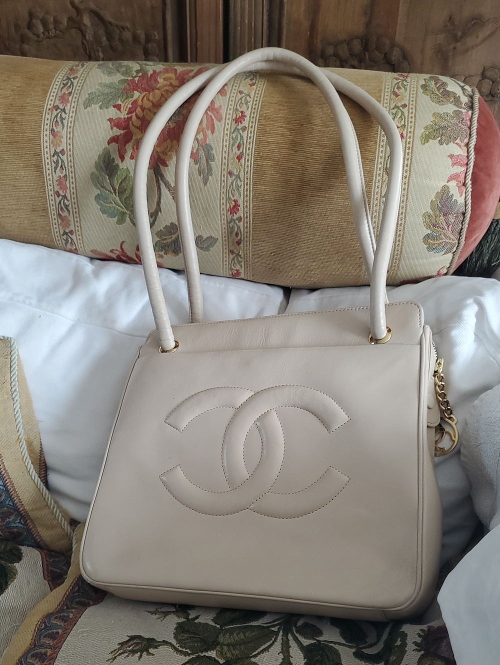 Cream Real Leather Double-Handle Tote with Embossed CC